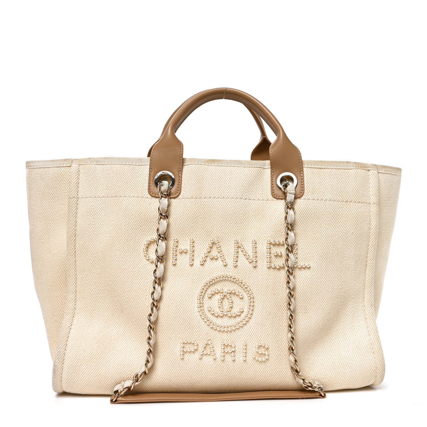 Chanel Canvas Pearl Medium Deauville Tote Ecru Beige