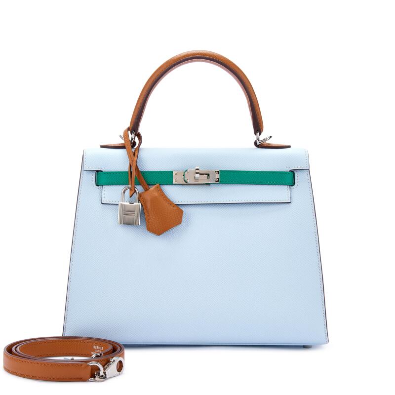 Hermes Limited Edition Bleu Brume, Vert Jade and Gold Epsom Tri-Color Kelly 25 Sellier Palladium Hardware, 2021