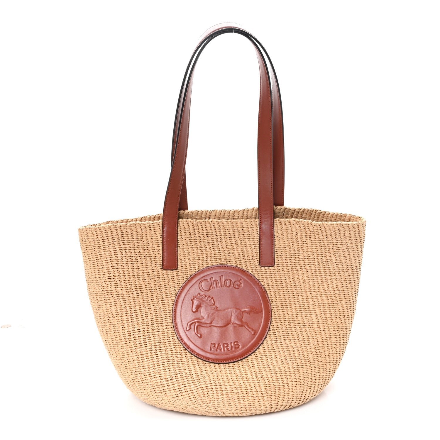 Chloe Raffia Calfskin Horse Medal Large Basket Tote Sepia Brown