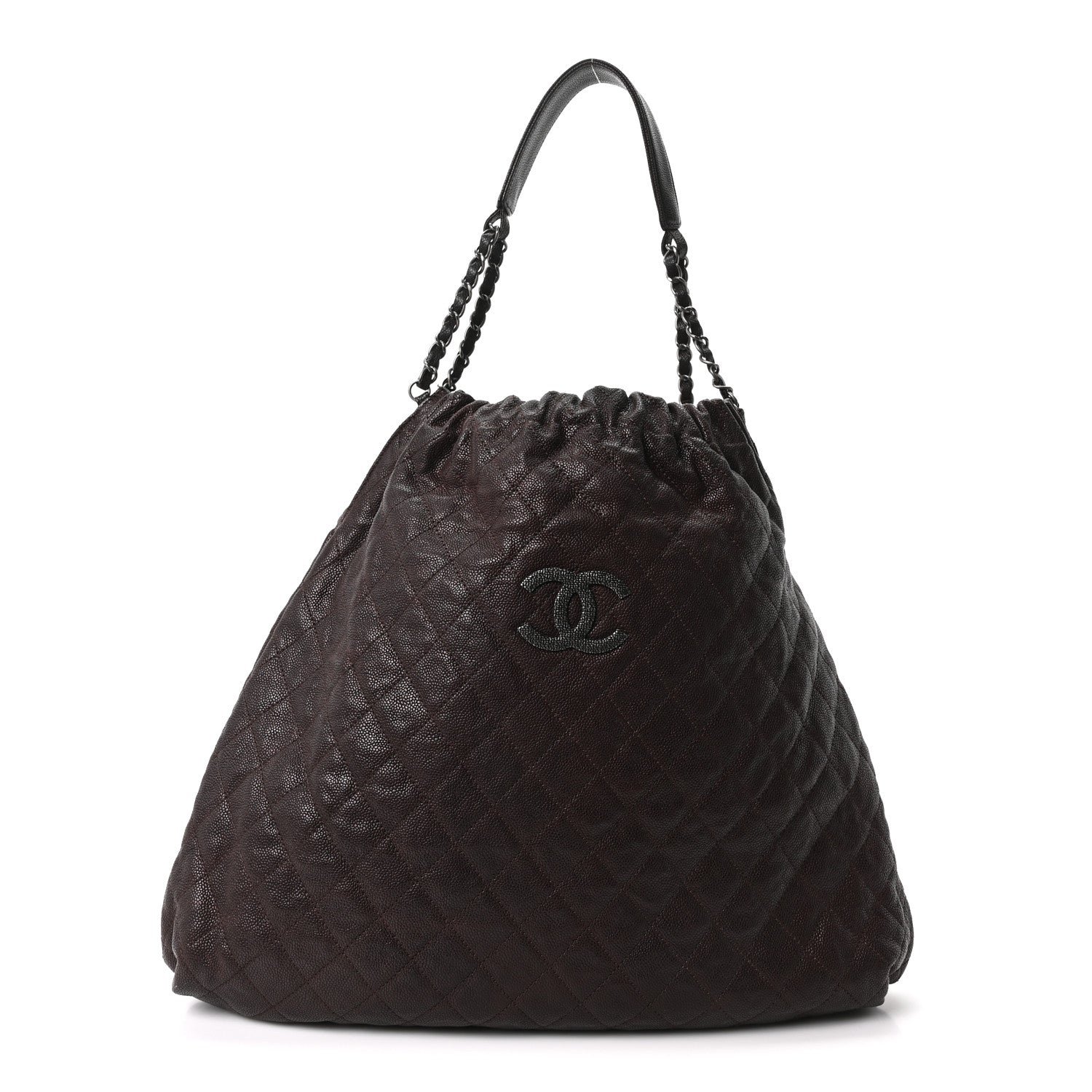 Chanel Distressed Glazed Caviar Quilted Large Elastic Tote Dark Brown