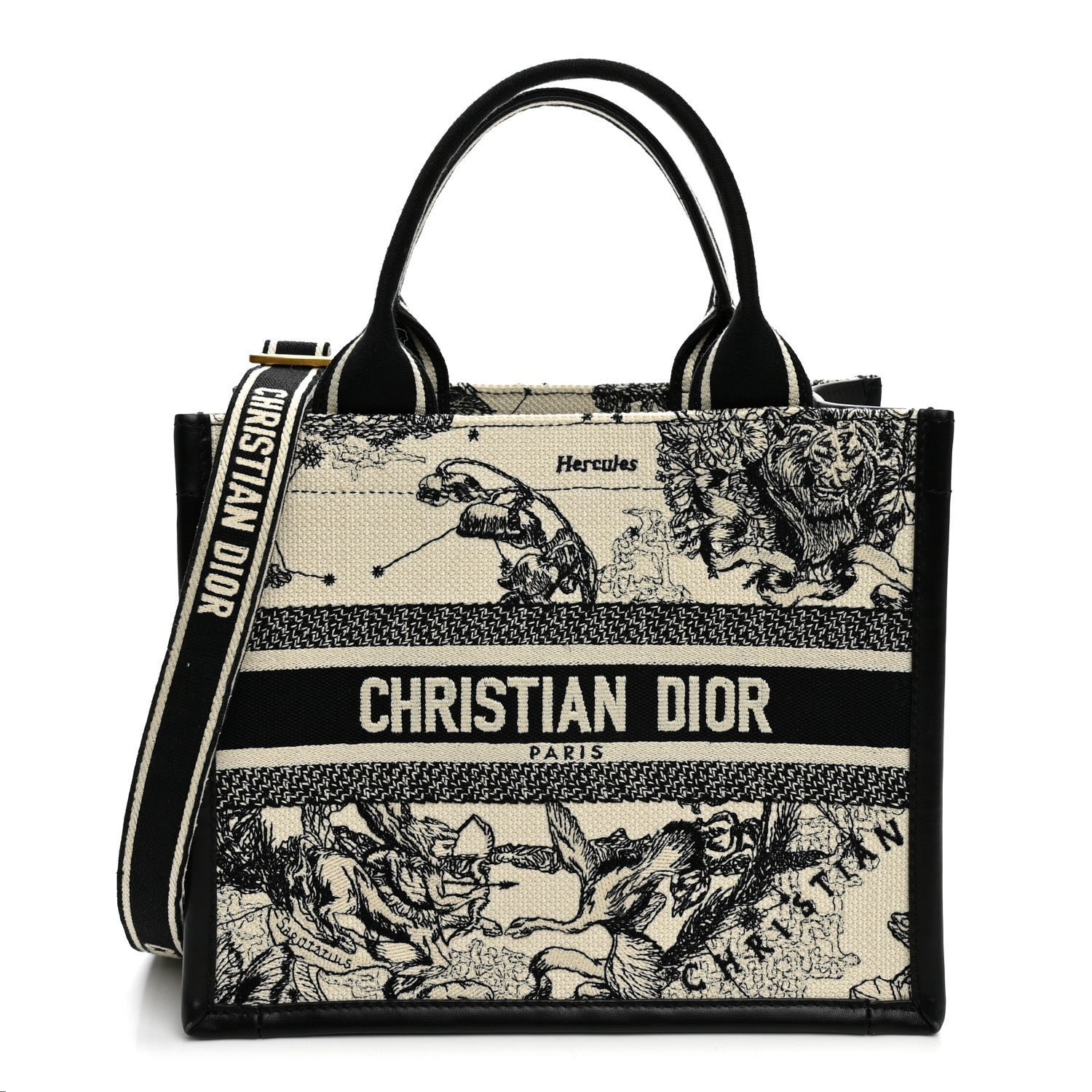 Christian Dior Calfskin Zodiac Toile De Jouy Small Book Tote With Strap Latte