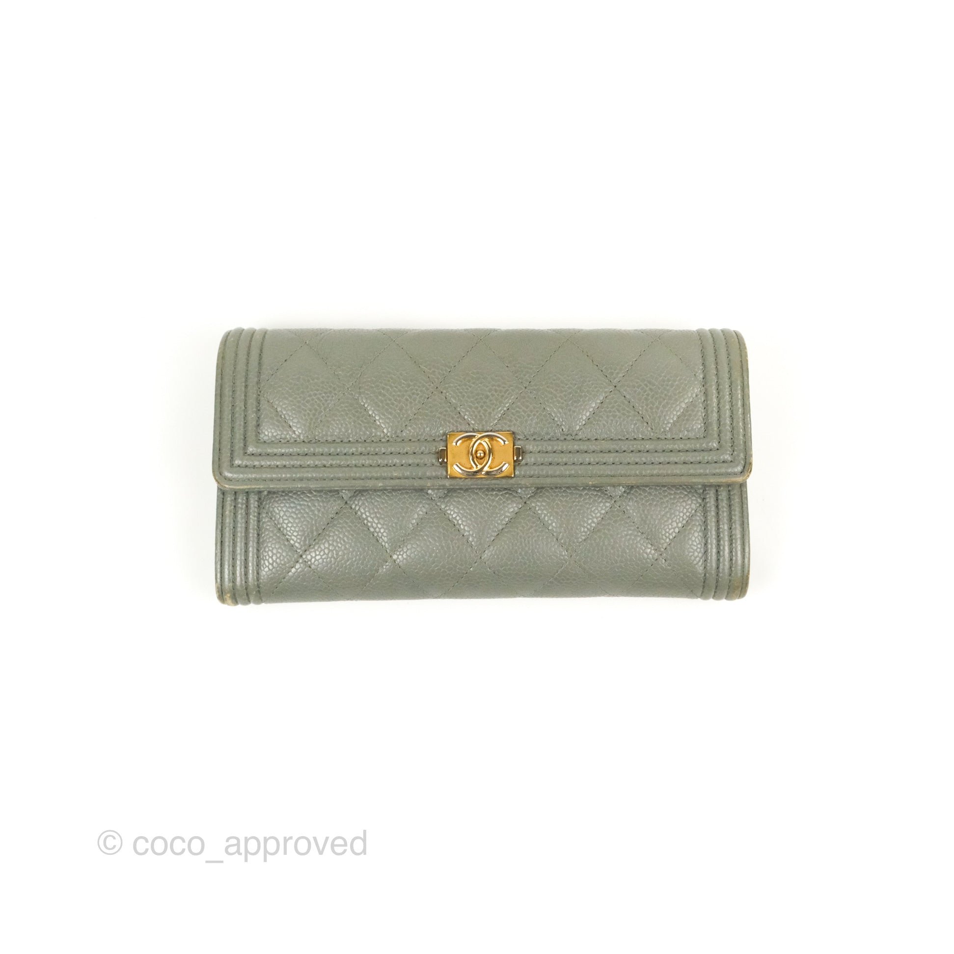 Chanel Quilted Boy Flap Long Wallet Light Green Caviar Gold Hardware