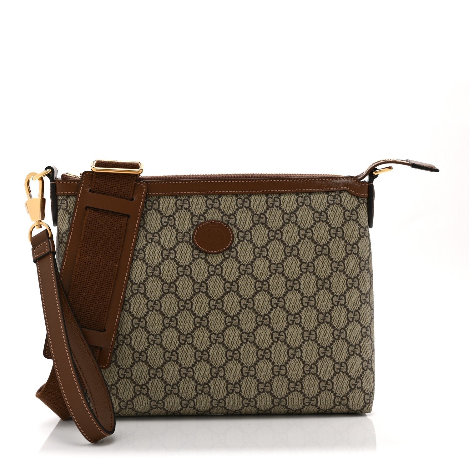 Gucci GG Supreme Monogram Azalea Calfskin Retro Interlocking G Wristlet Messenger Bag Beige Ebony Brown Sugar