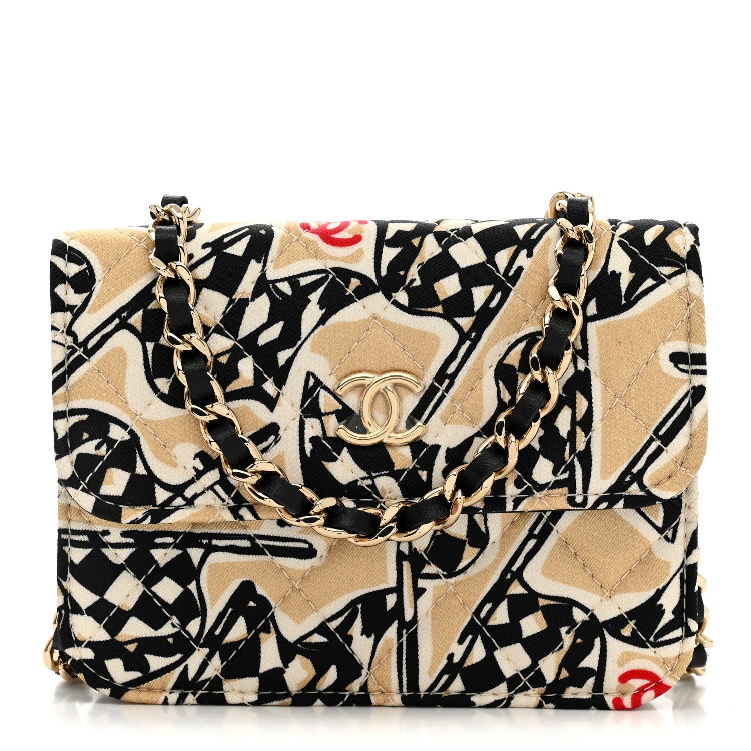 Chanel Canvas Check Flag Printed CC Clutch With Chain Beige Multicolor