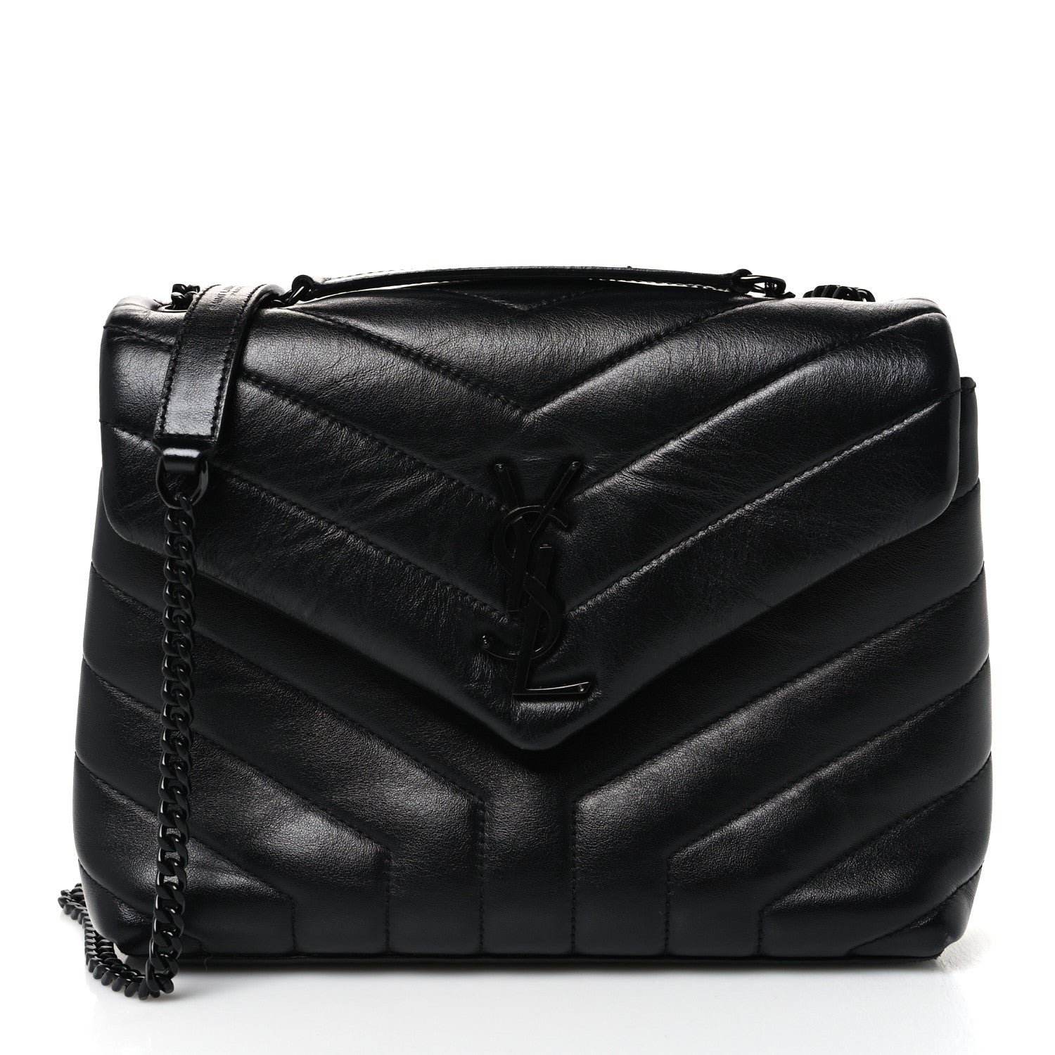 Saint Laurent Calfskin Y Quilted Monogram Monochrome Small Loulou Chain Satchel Black