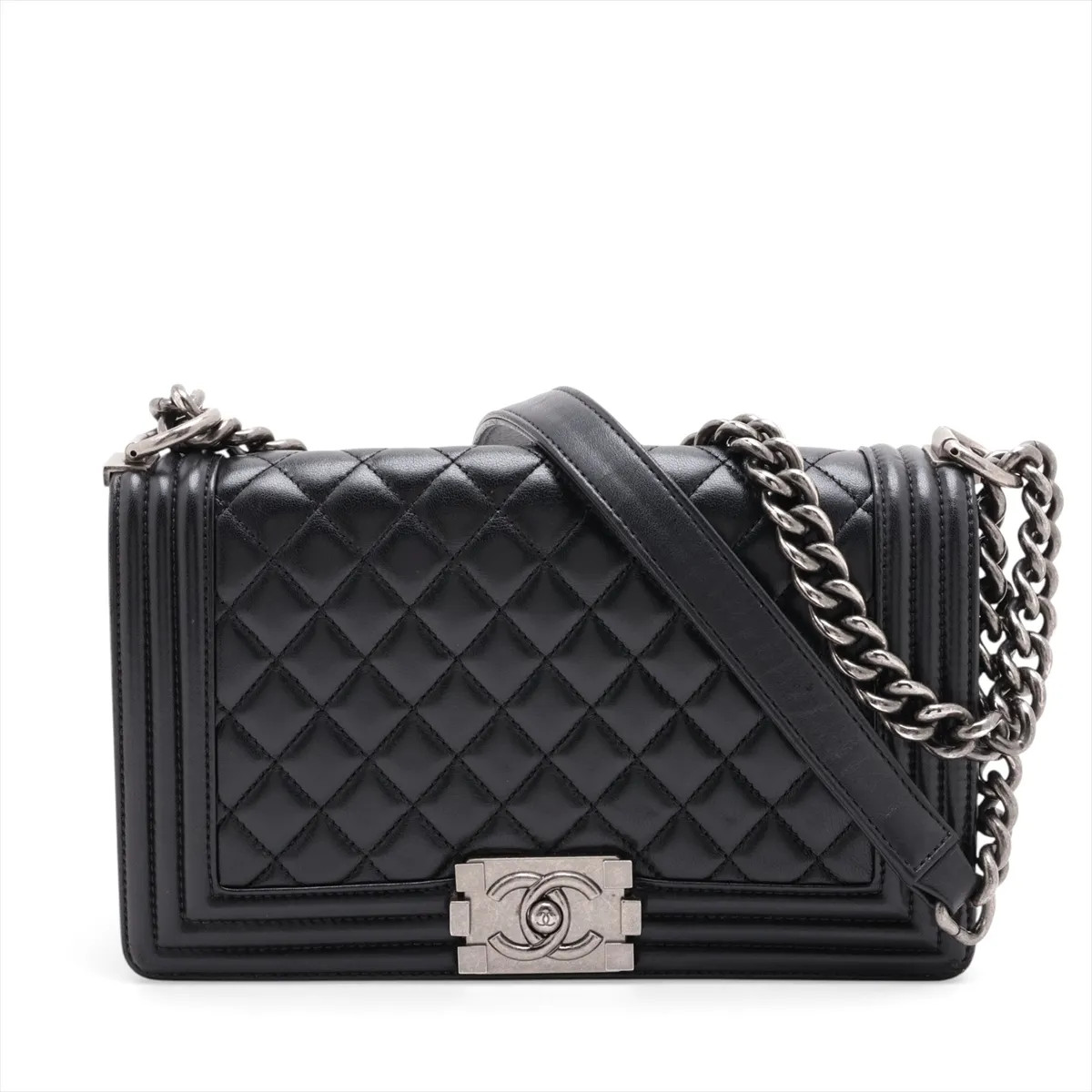 Chanel BOY CHANEL 25 Lambskin Chain Shoulder Bag Black Gunmetal Fittings A67086