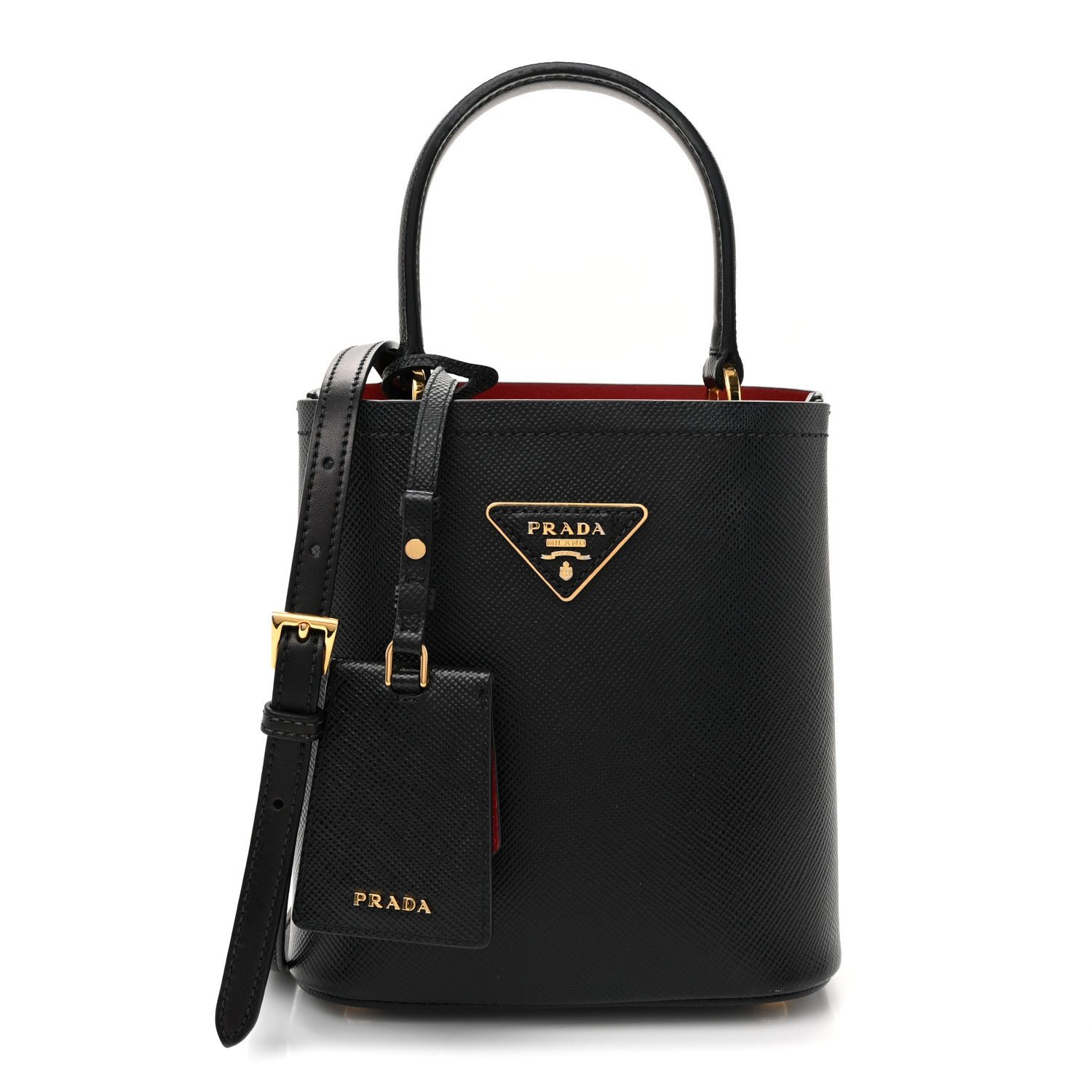 Prada Saffiano Cuir Small Panier Bucket Bag Black Fuoco
