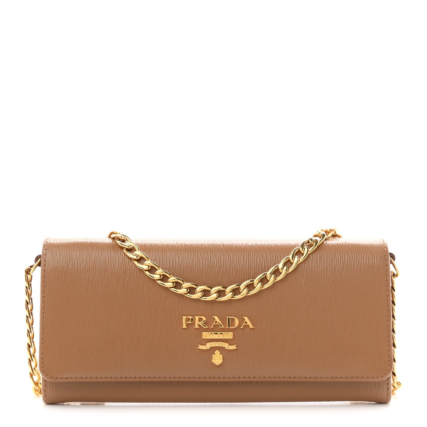Prada Vitello Move Metal Oro Chain Wallet Caramel