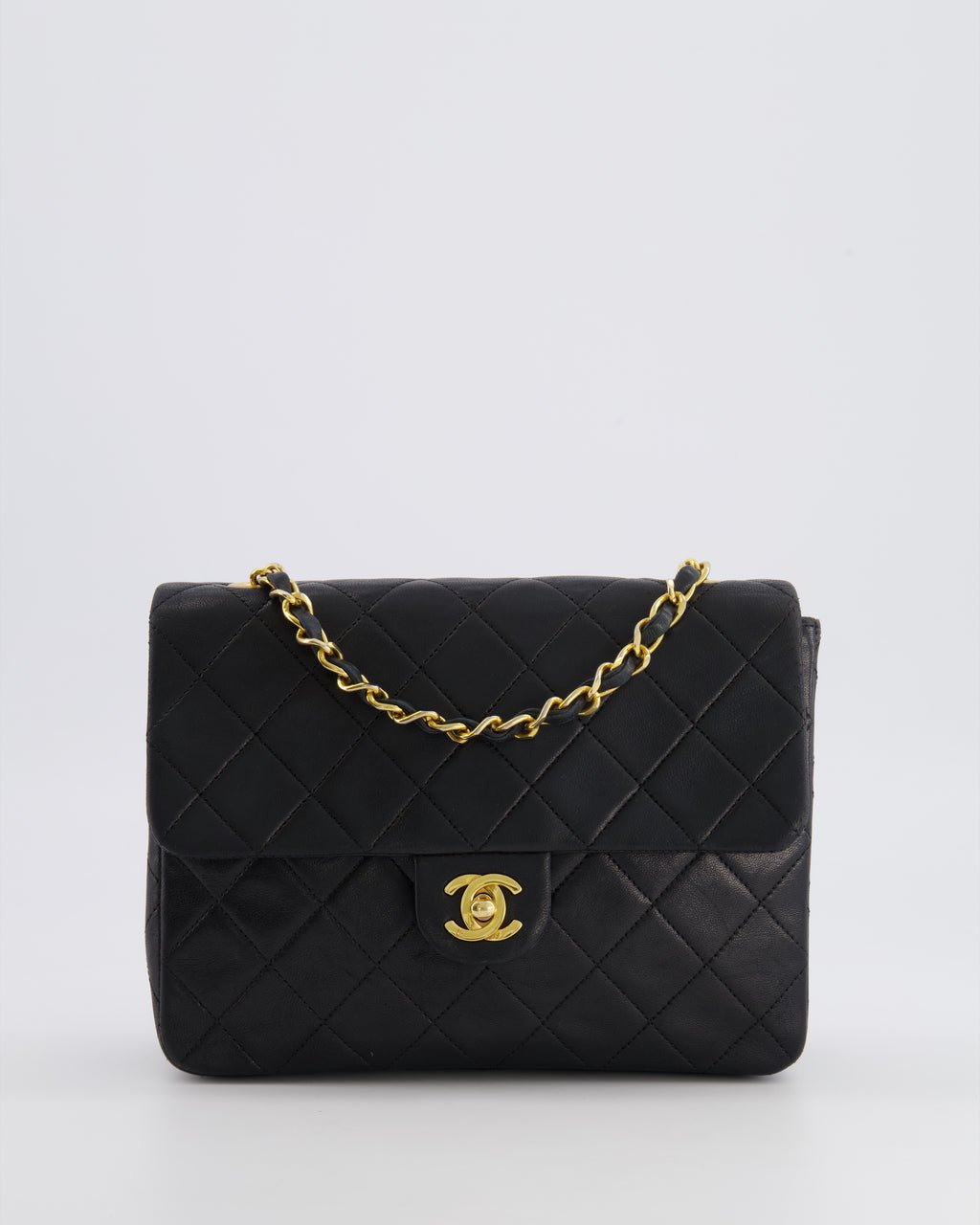 Chanel Vintage Small Square Single Flap Bag in Black Lambskin Leather with 24K Gold Hardware
