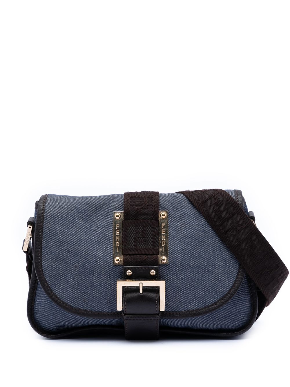 Fendi 2000-2010 Zucca Trimmed Denim Buckle Flap crossbody bag