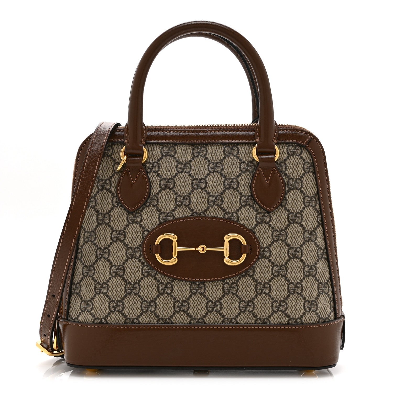 Gucci GG Supreme Monogram Azalea Calfskin Small Horsebit 1955 Top Handle Bag Beige Ebony Brown Sugar