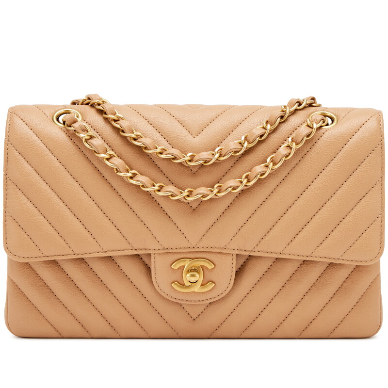 Dark Beige Chevron Calfskin Medium Double Flap Bag Aged Gold Hardware, 2017