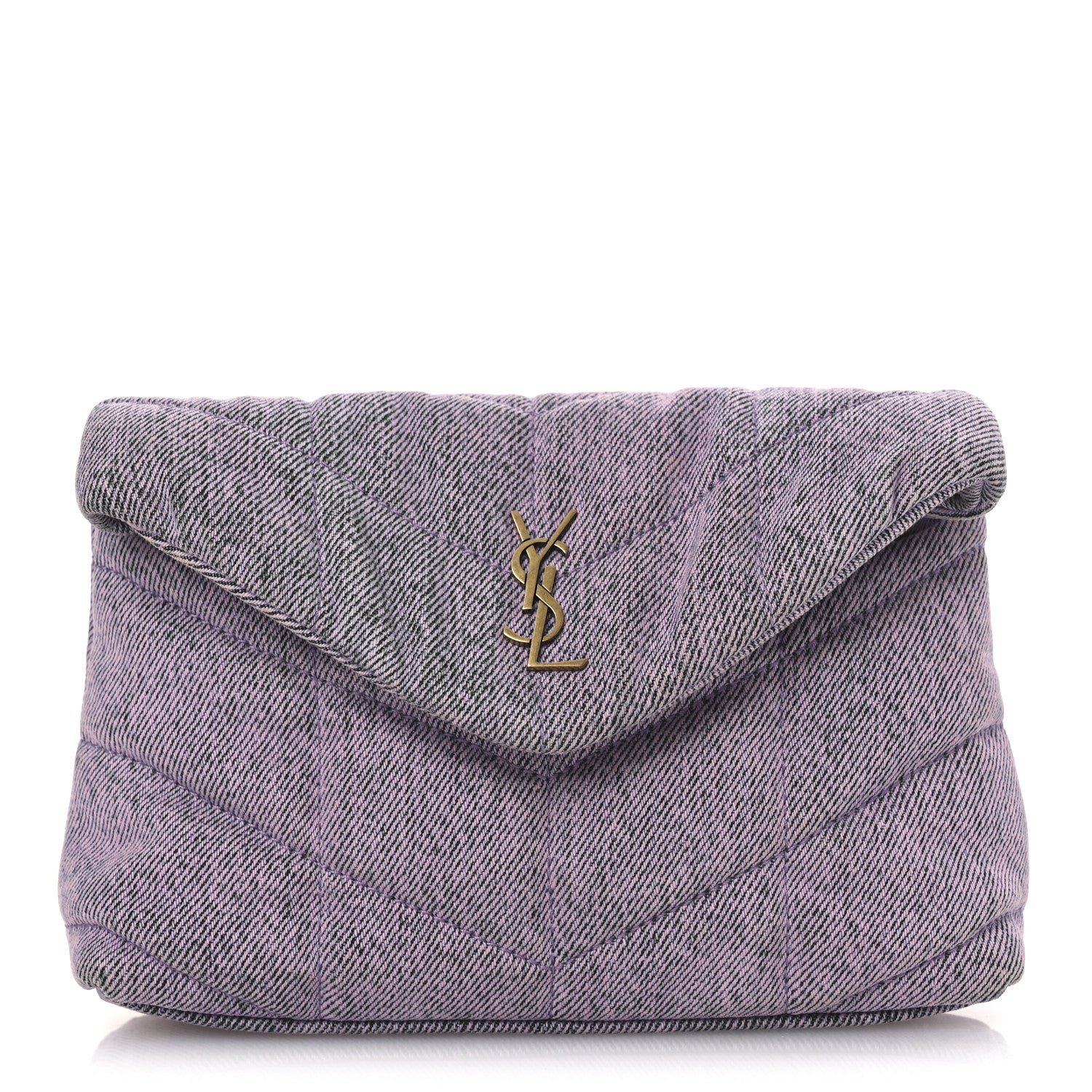 Saint Laurent Denim Quilted Loulou Puffer Monogram Pouch Clutch Bleached Lilac