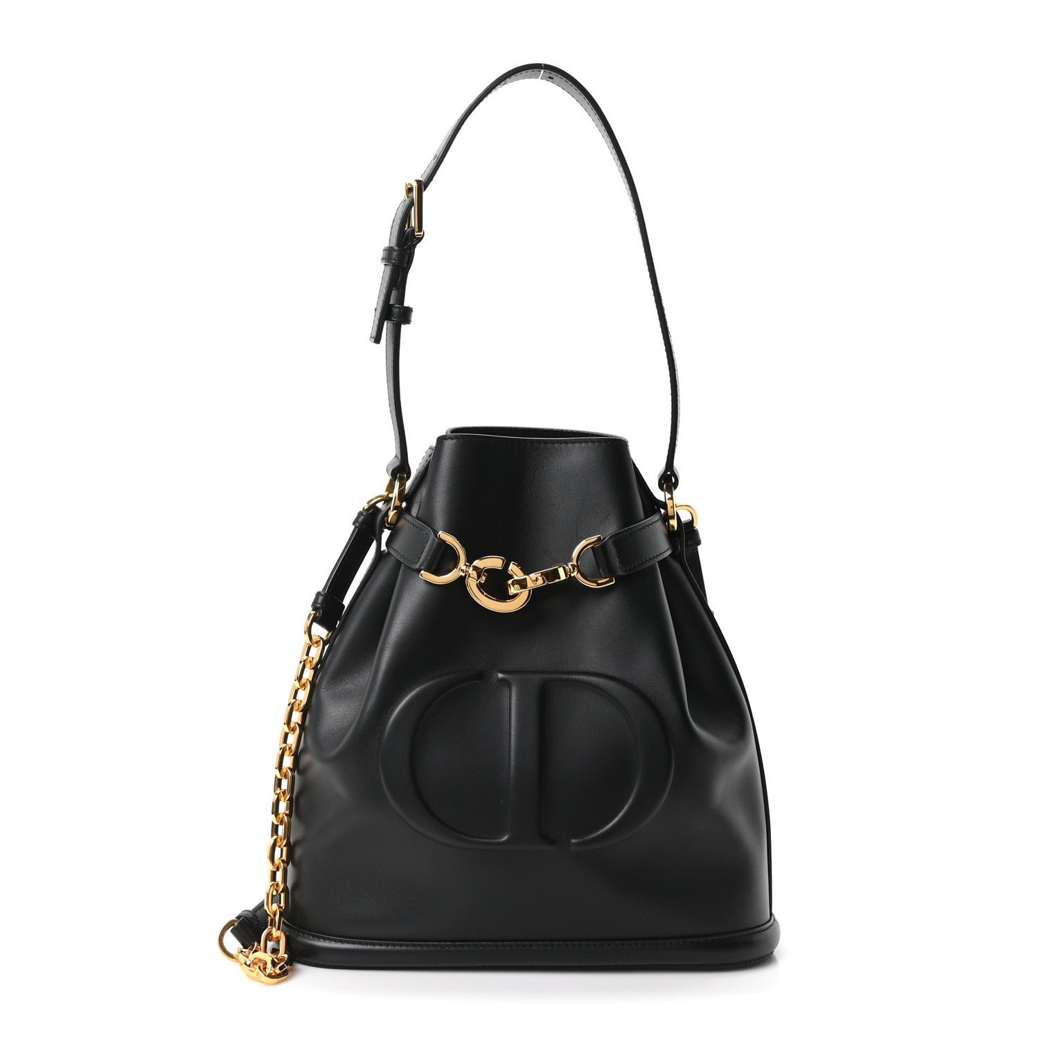 Christian Dior Calfskin CD Embossed Medium C'est Chain Bucket Bag Black