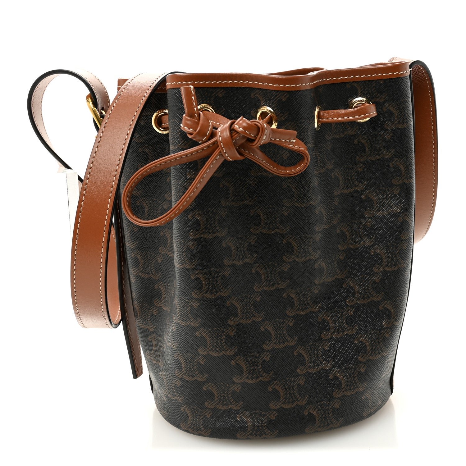 Celine Triomphe Canvas Calfskin Small Drawstring Bucket Bag Tan