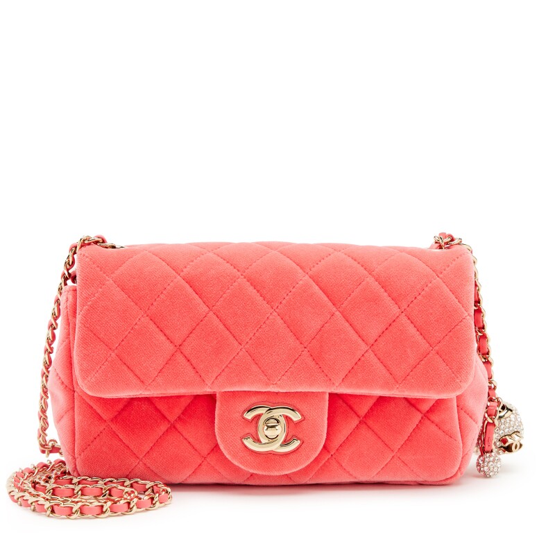 Pink Velvet Quilted Pearl Crush Mini Rectangular Flap Bag Gold Hardware, 2020