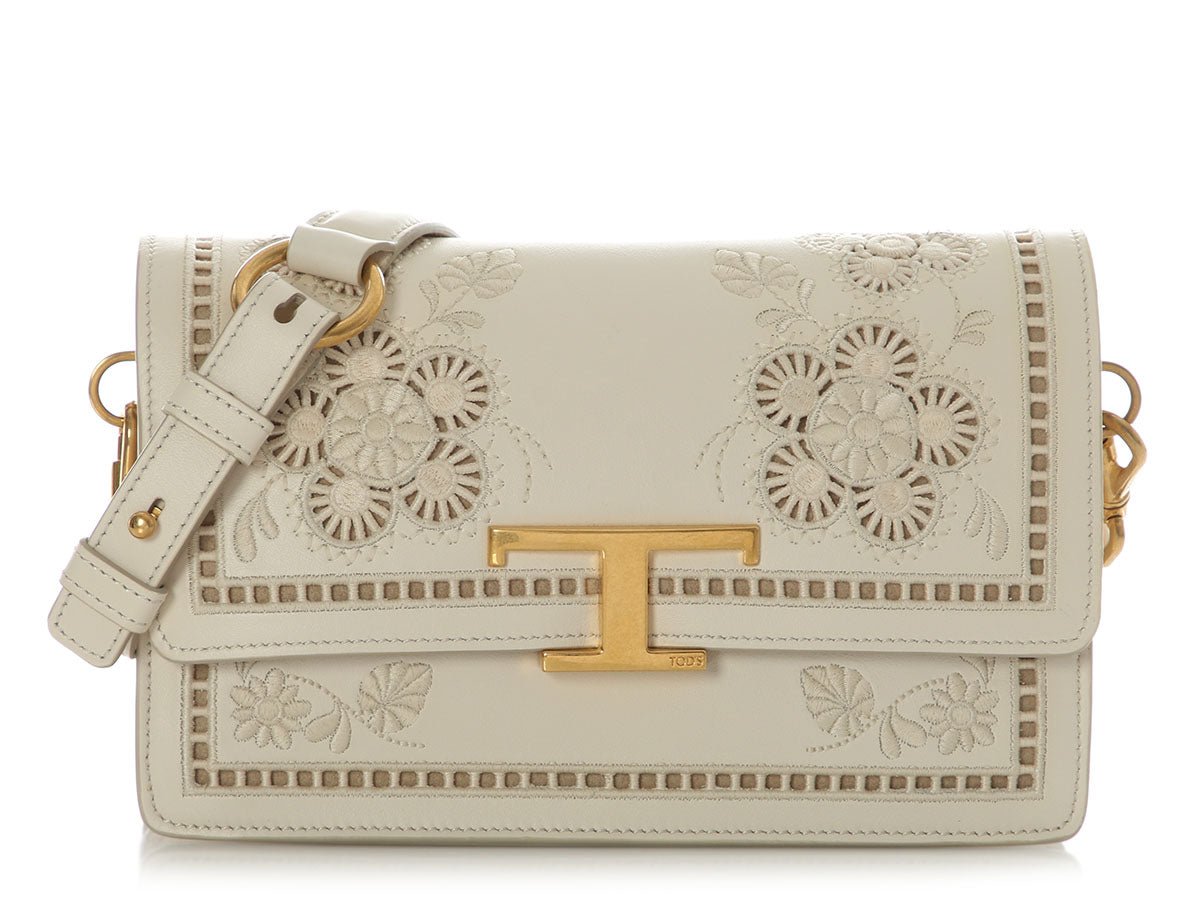 Tod's Tod's White Embroidered T Timeless Flap