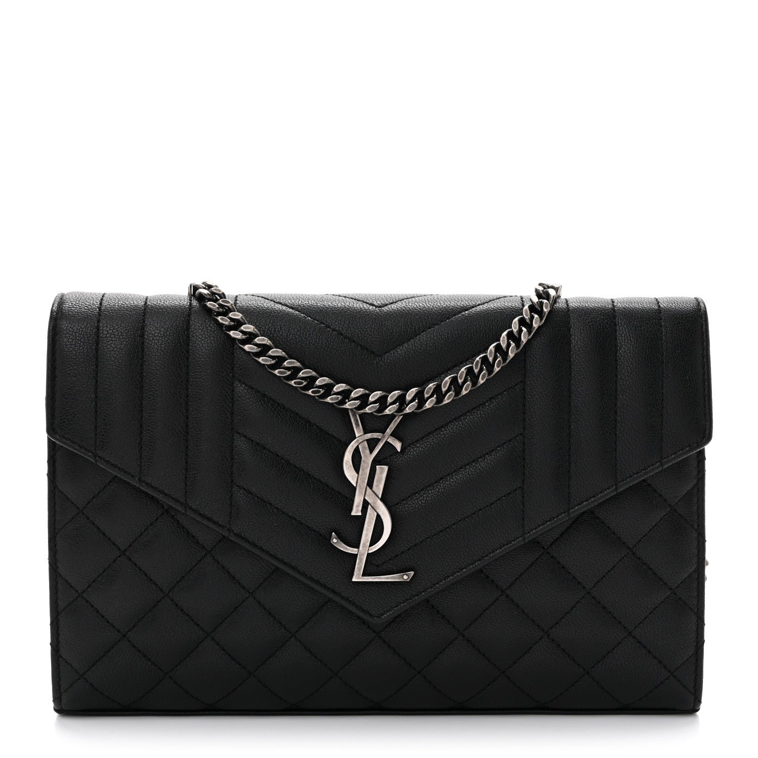 Saint Laurent Sheepskin Tri-Quilt Monogram Envelope Chain Wallet Black