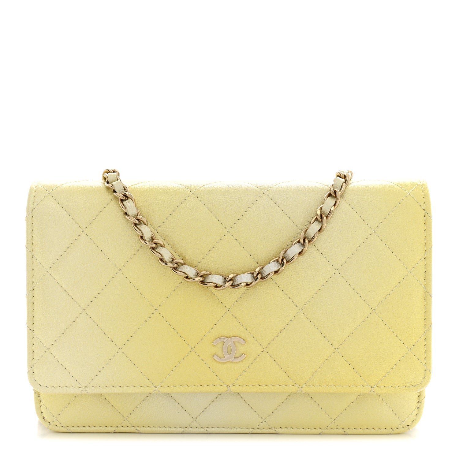 Iridescent Goatskin Quilted Wallet on Chain WOC Light Yellow