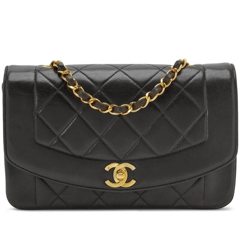 Vintage Black Quilted Lambskin Small Diana Flap Bag Gold Hardware, 1991-1994