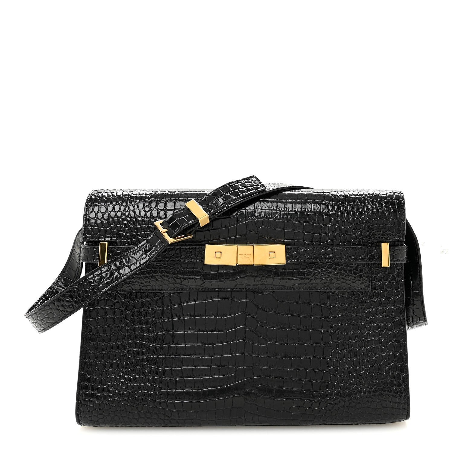 Saint Laurent Shiny Calfskin Crocodile Embossed Manhattan Baguette Black