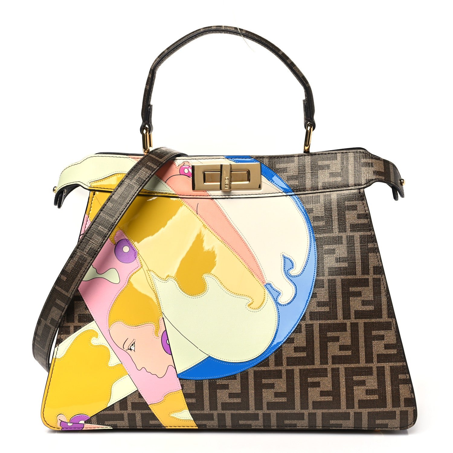 Fendi Glazed Fabric Vitello FF 1974 Hairdo Girls Inlay Medium Peekaboo Iconic Satchel Mogano Panna Multicolor