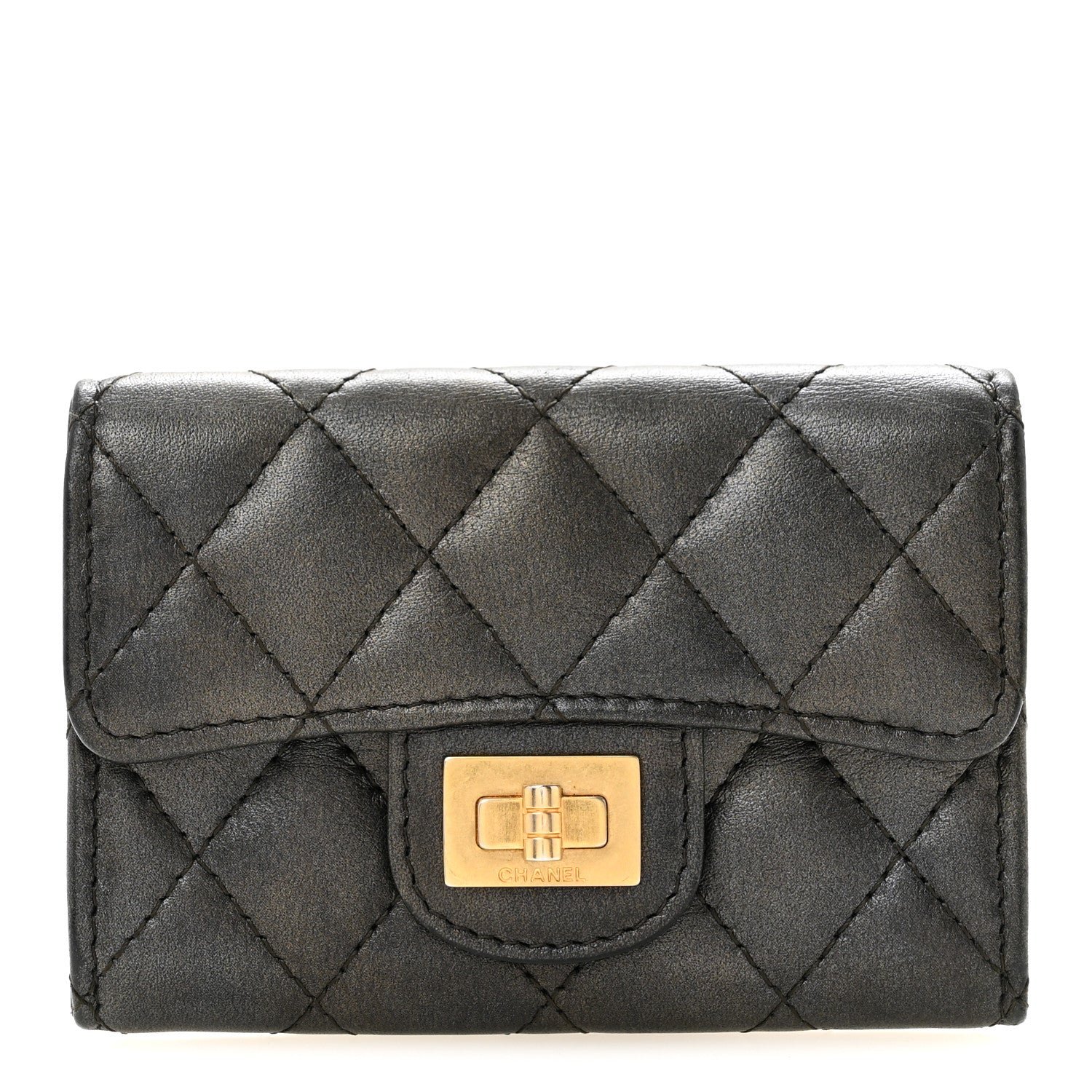 Chanel Metallic Calfskin Quilted Reissue Card Holder Wallet Charcoal