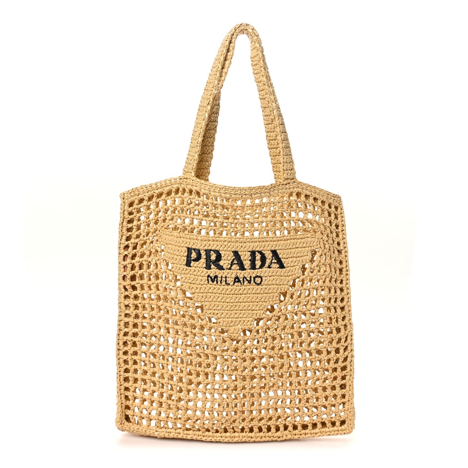 Prada Yarn Raffia Effect Crochet Logo Embroidered Tote Bag Naturale