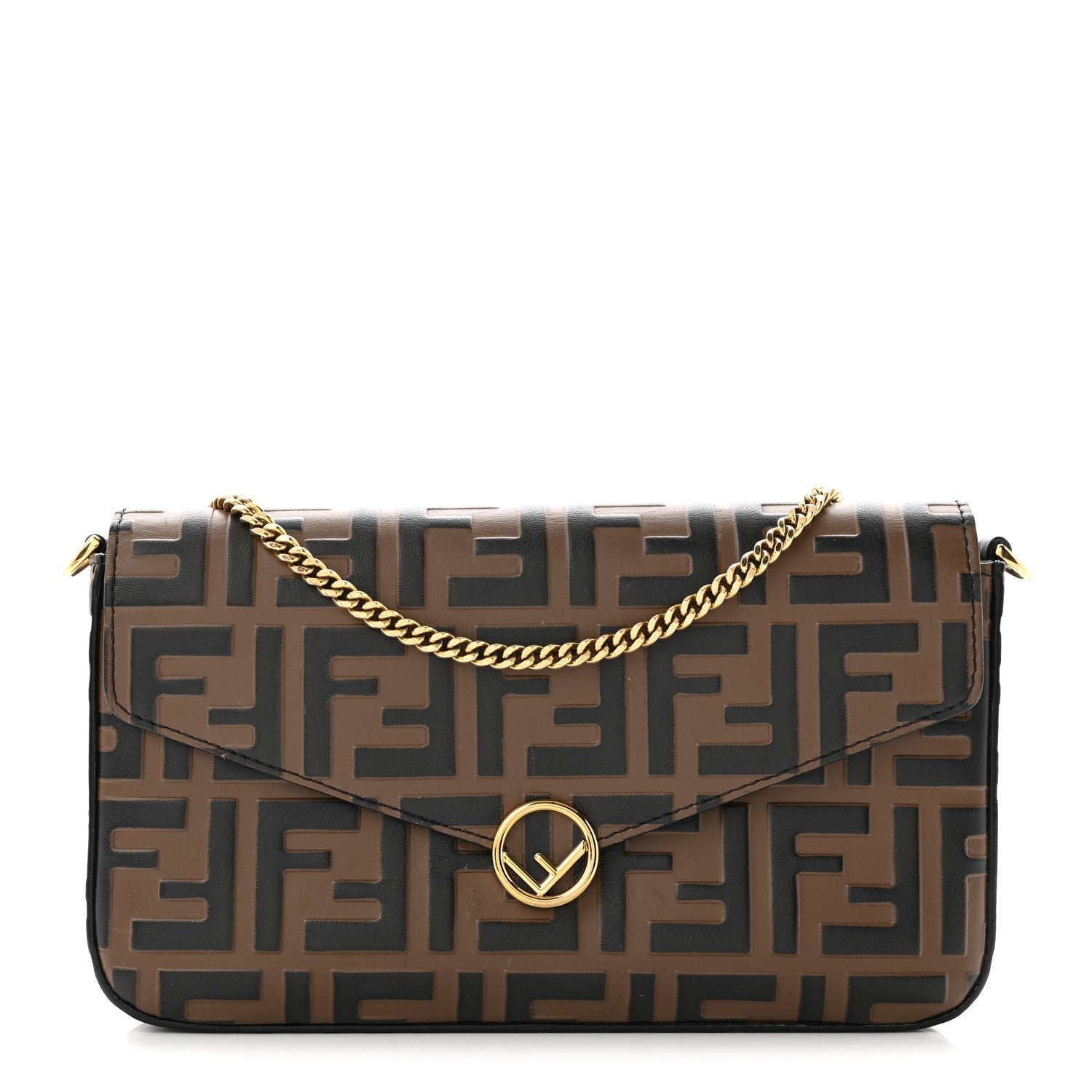 Fendi Vitello Soft F is Fendi Bi-Color FF 1974 Embossed Envelope Wallet On Chain with Pouches Maya Black