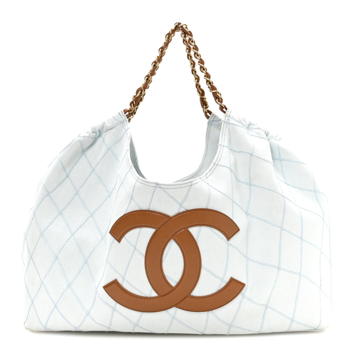 Chanel Denim Calfskin Quilted Coco Beach Small Shopping Tote Light Blue Brown