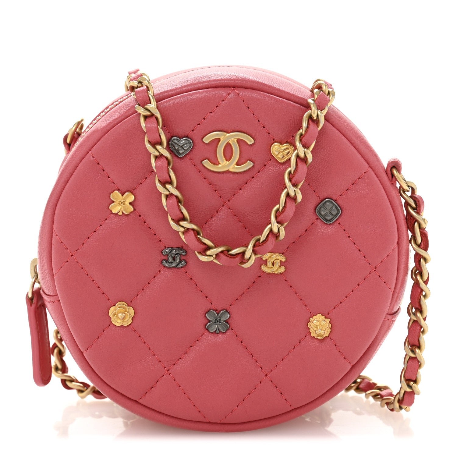 Chanel Lambskin Quilted Studded Round Clutch With Chain Dark Pink
