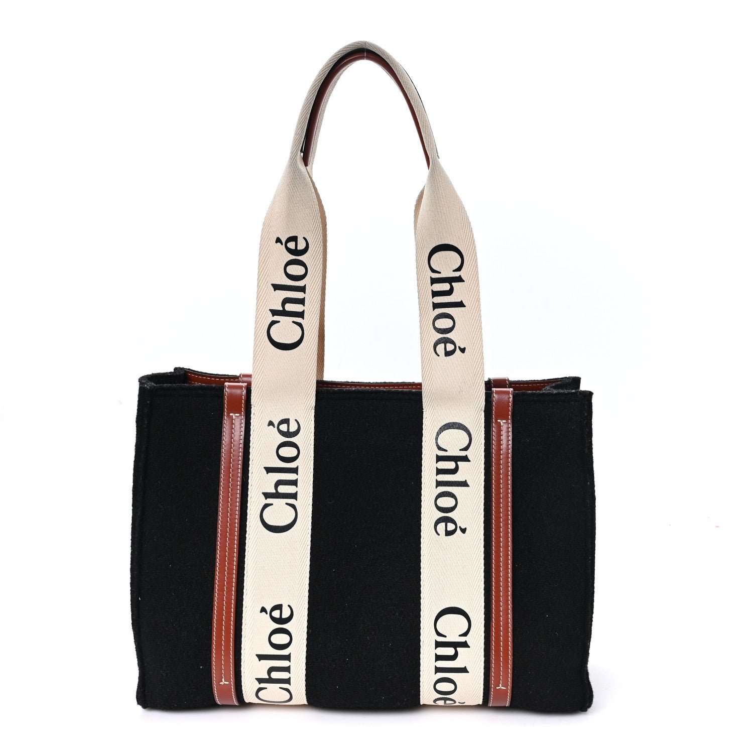Chloe Felt Calfskin Medium Woody Ribbon Tote Black