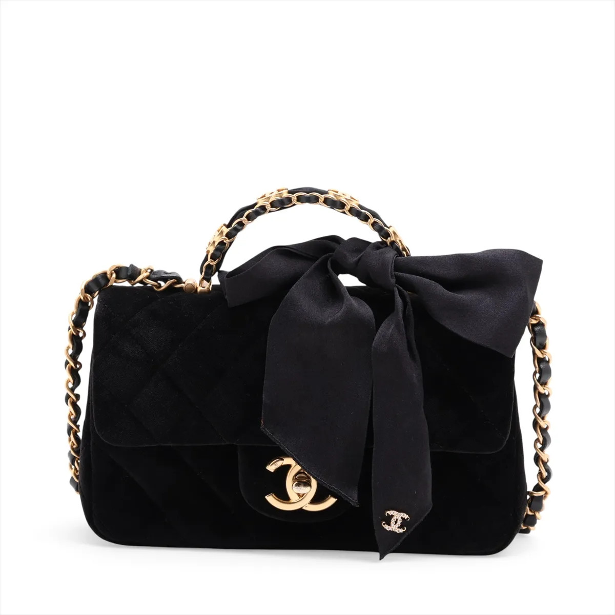 Chanel Matelasse Velvet 2 Way Handbag Ribbon Black Gold Metal Fittings random pl