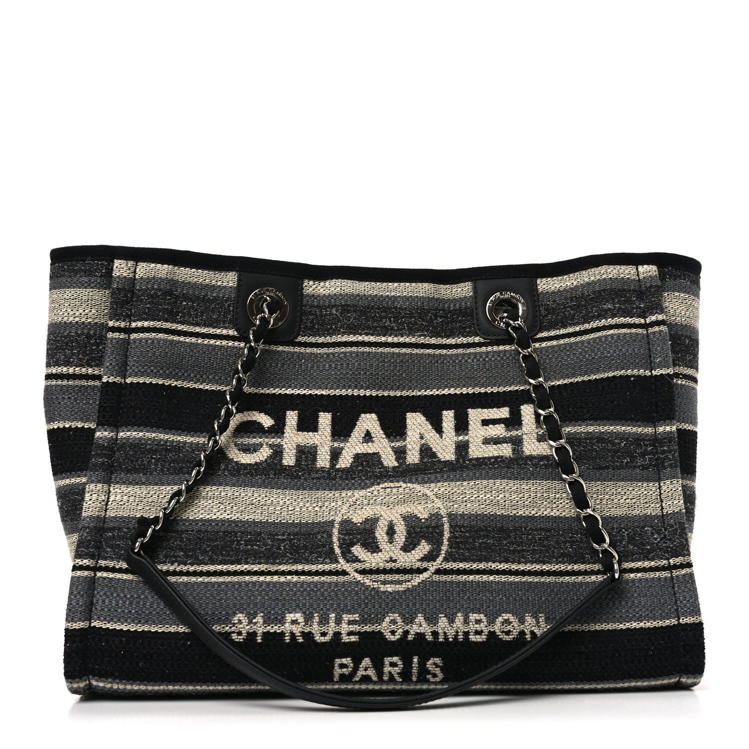 Chanel Striped Canvas Small Deauville Tote Dark Grey