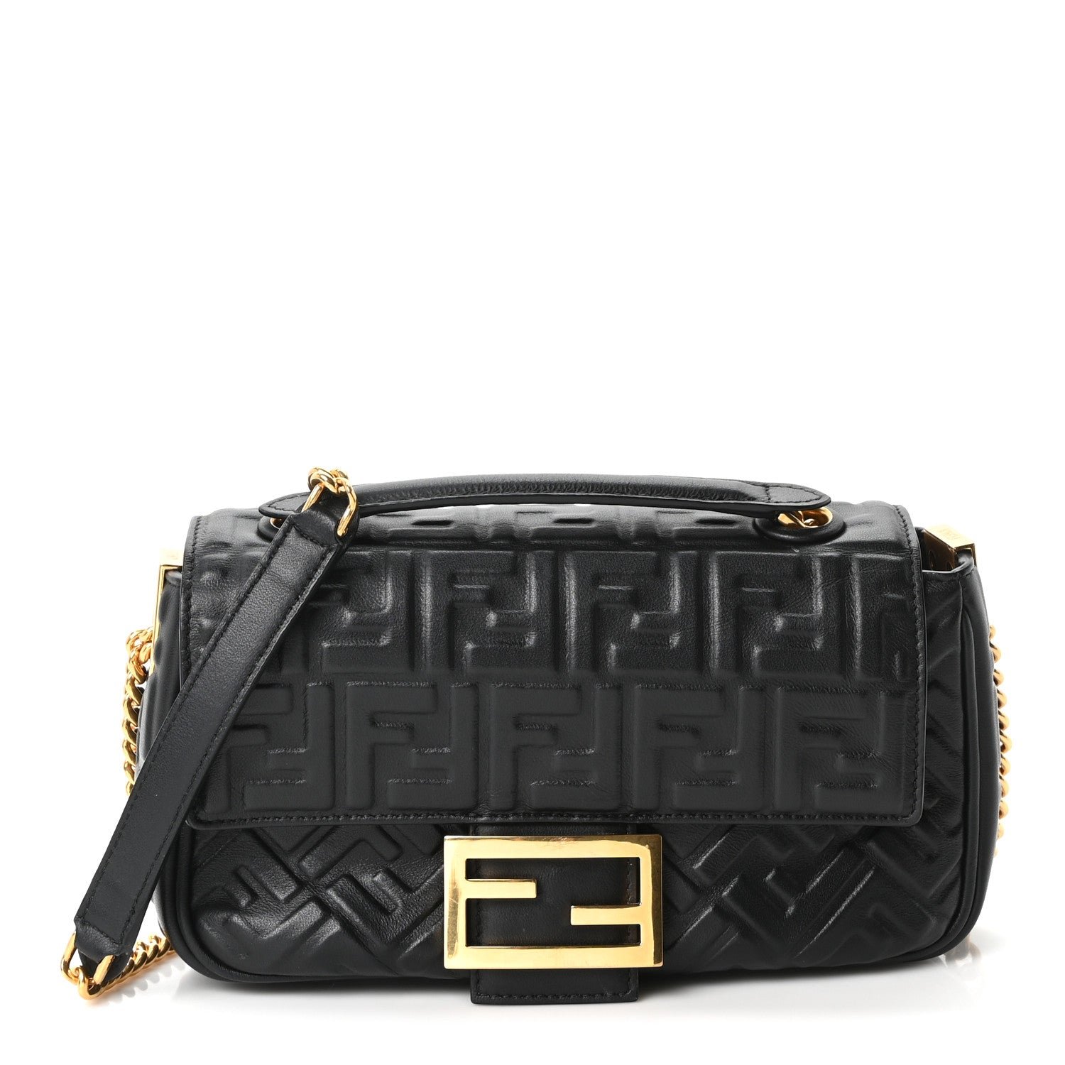 Fendi Nappa Small FF Embossed Midi Chain Baguette Black