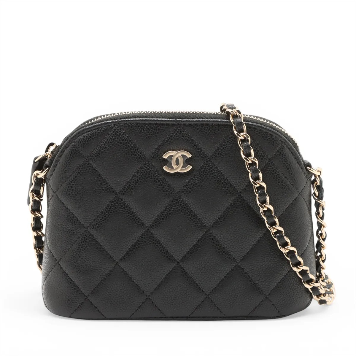Chanel Matelasse Grained Calfskin Chain Shoulder Bag Black Gold Metal Fittings r
