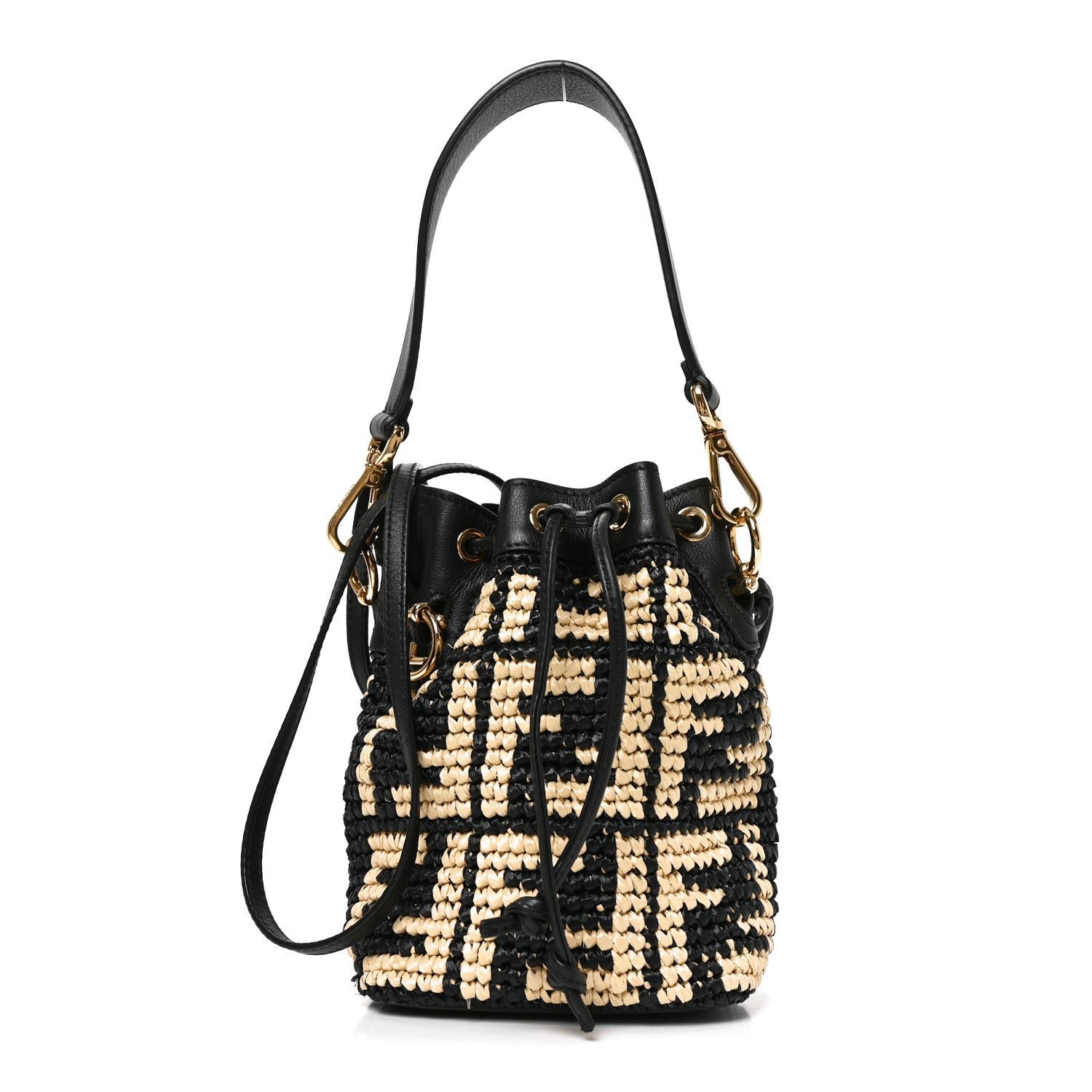Fendi Raffia Vitello Seta F is Fendi FF Woven Mini Mon Tresor Bucket Bag Black Natural