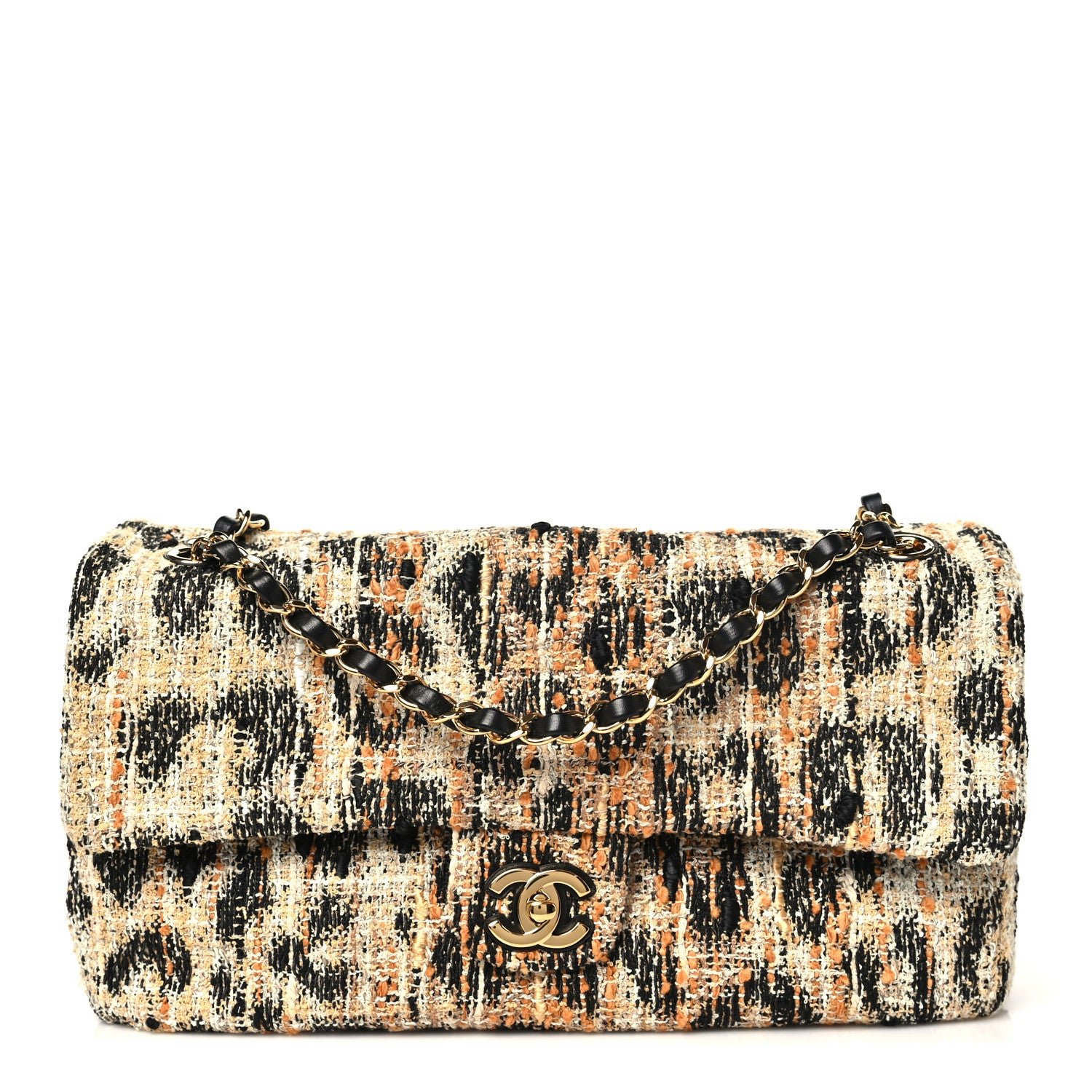 Chanel Tweed Mixed Fibers Leopard Print Small Souplissimo Maxi Flap Brown Black White