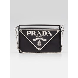 Prada Black Spazzolato Leather Maxi Triangle Logo Small Crossbody Flap Bag