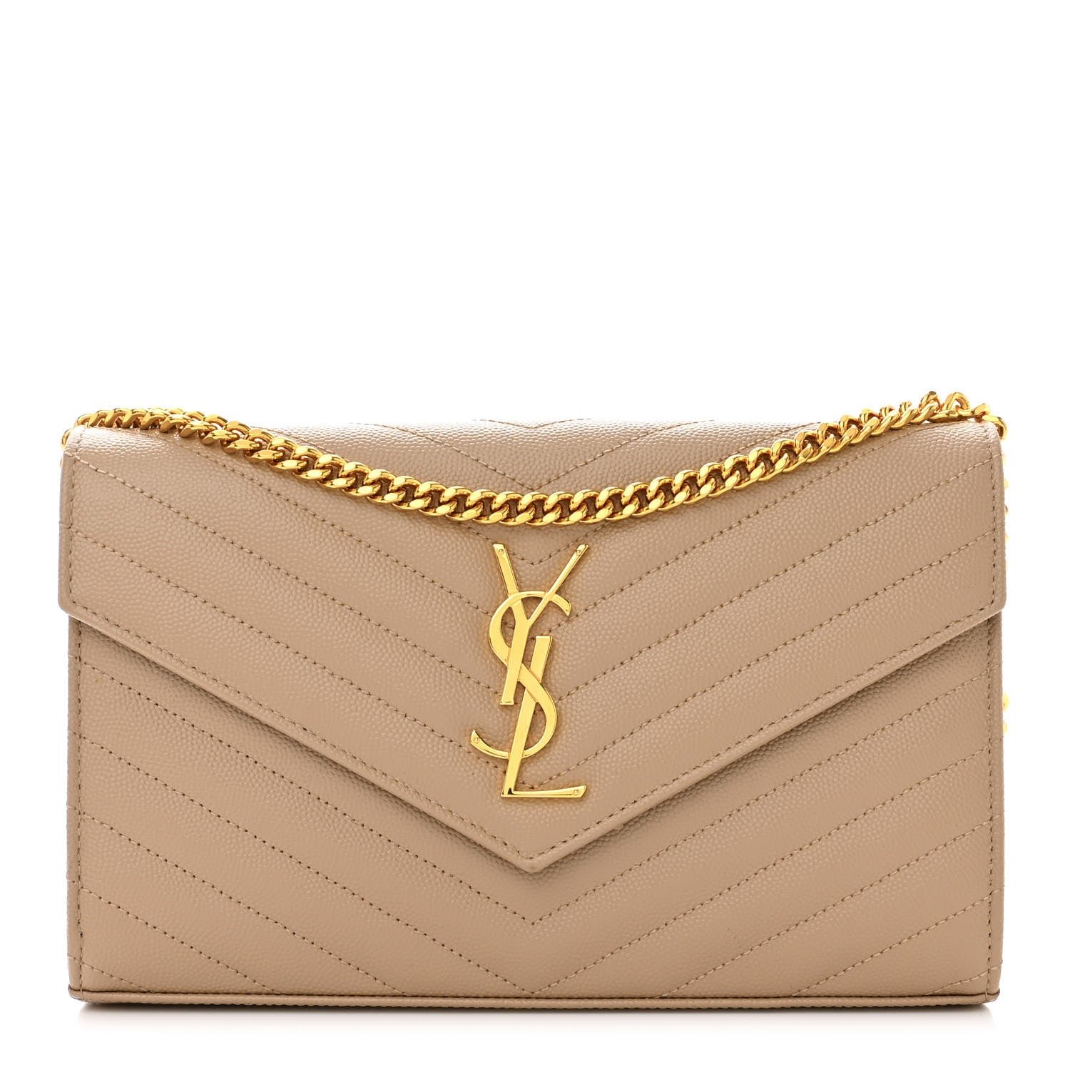 Saint Laurent Grain De Poudre Matelasse Chevron Monogram Chain Wallet Dark Beige