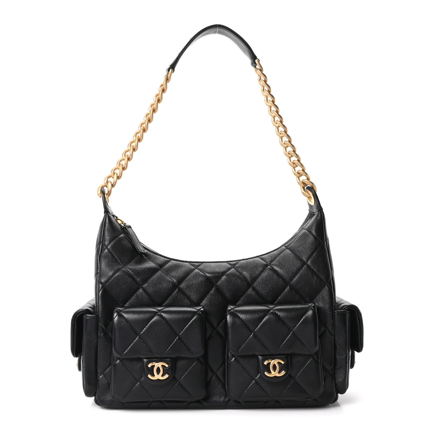 Chanel Shiny Lambskin Quilted Large Trendy Pockets Hobo Black