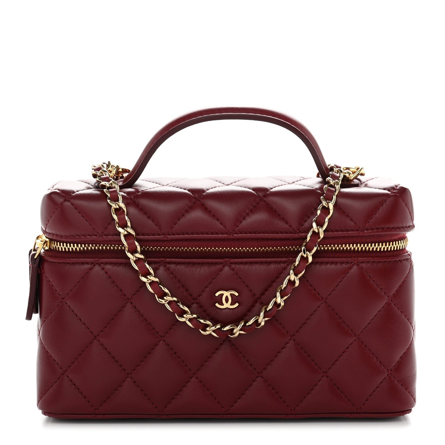Chanel Lambskin Quilted Top Handle Slim Vanity With Chain Burgundy