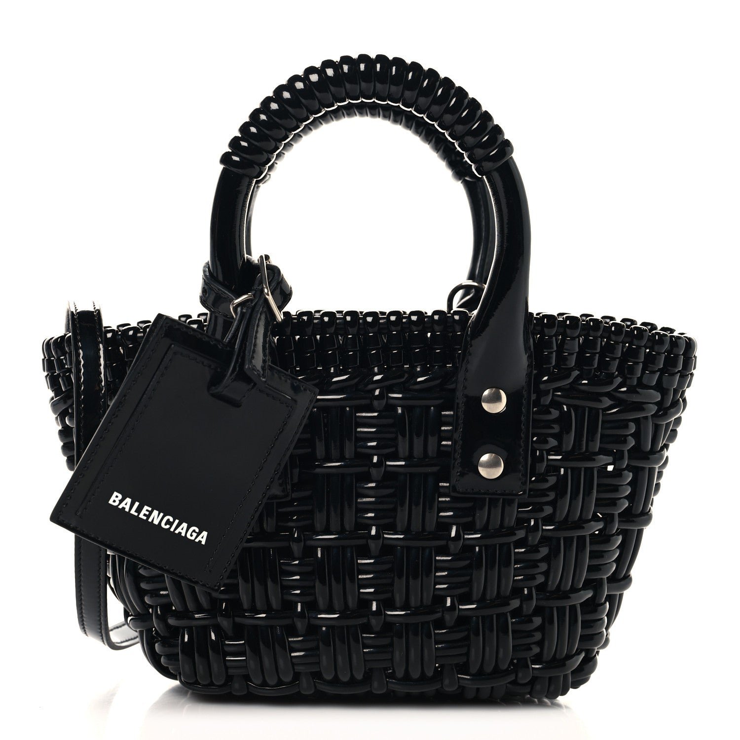Balenciaga Faux Calfskin Braided Varnished XXS Bistro Basket Black