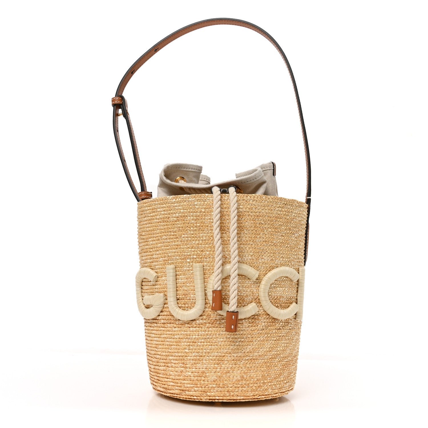 Gucci Straw Calfskin Small Logo Bucket Bag Natural Tan