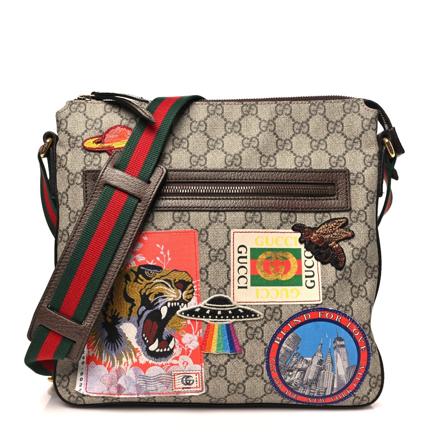 Gucci Soft GG Supreme Monogram Courrier Web Medium Flat Messenger Bag Beige New Acero Multicolor