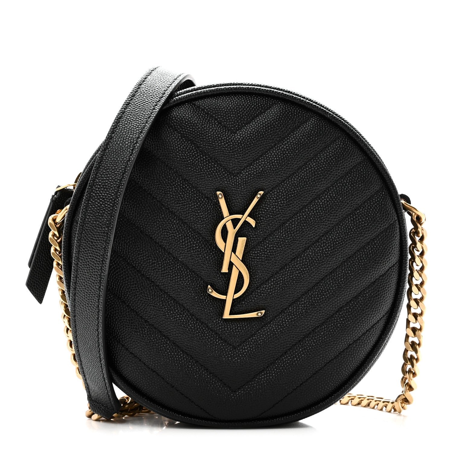 Saint Laurent Grain De Poudre Matelasse Chevron Quilted Round Vinyle Camera Bag Black