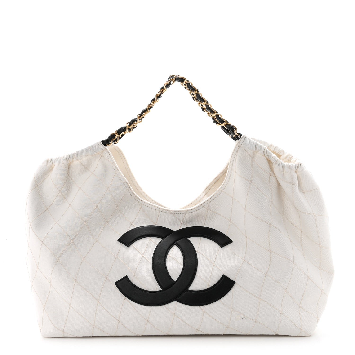 Chanel Denim Calfskin Quilted Coco Beach Small Shopping Tote White Black