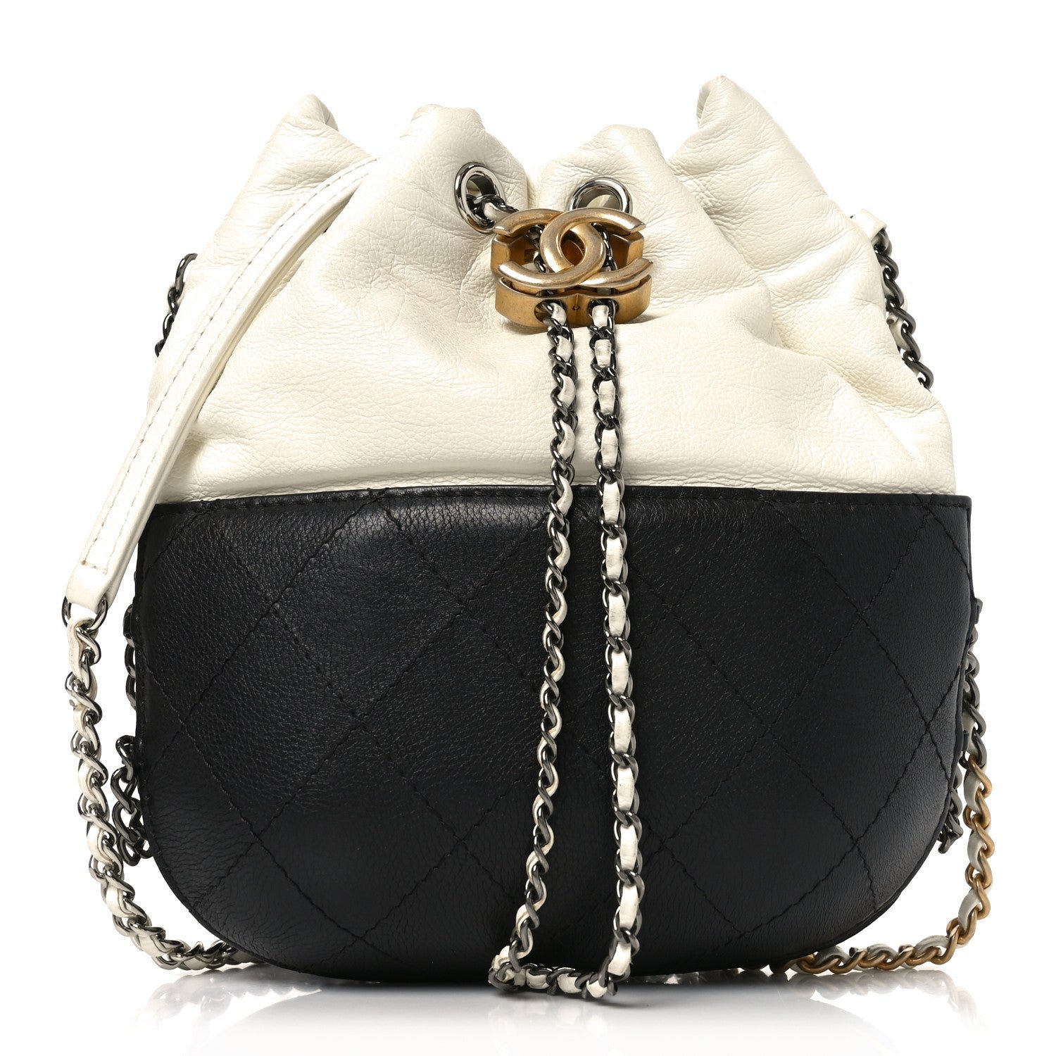 Chanel Aged Calfskin Quilted Small Gabrielle Bucket White Black