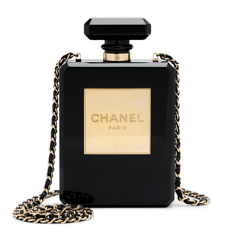 Chanel Black Acrylic and Gold Plexiglass No. 5 Perfume Bottle Minaudière Gold Hardware, 2013