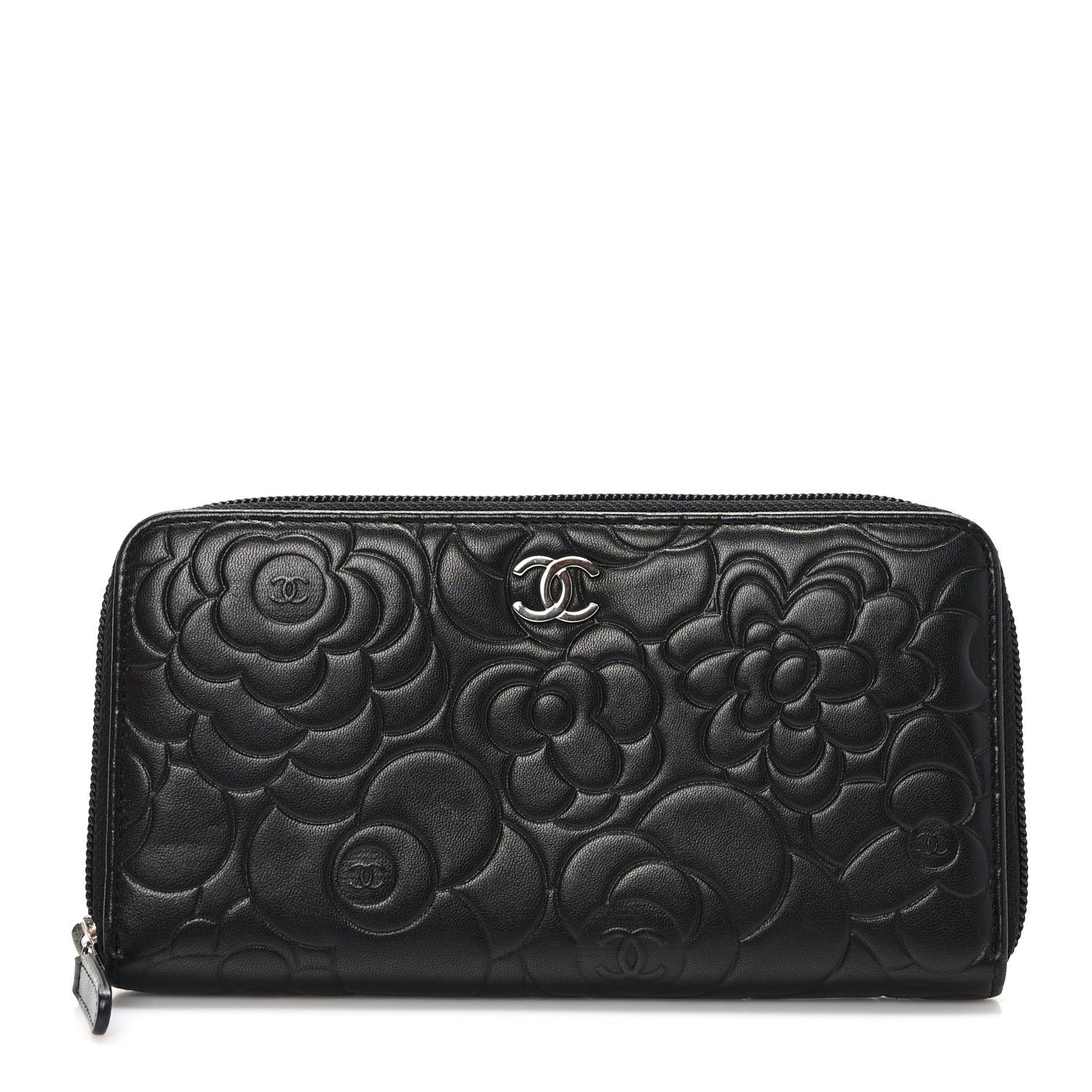 Chanel Lambskin Camellia Embossed Large Zip Around Gusset Wallet Black
